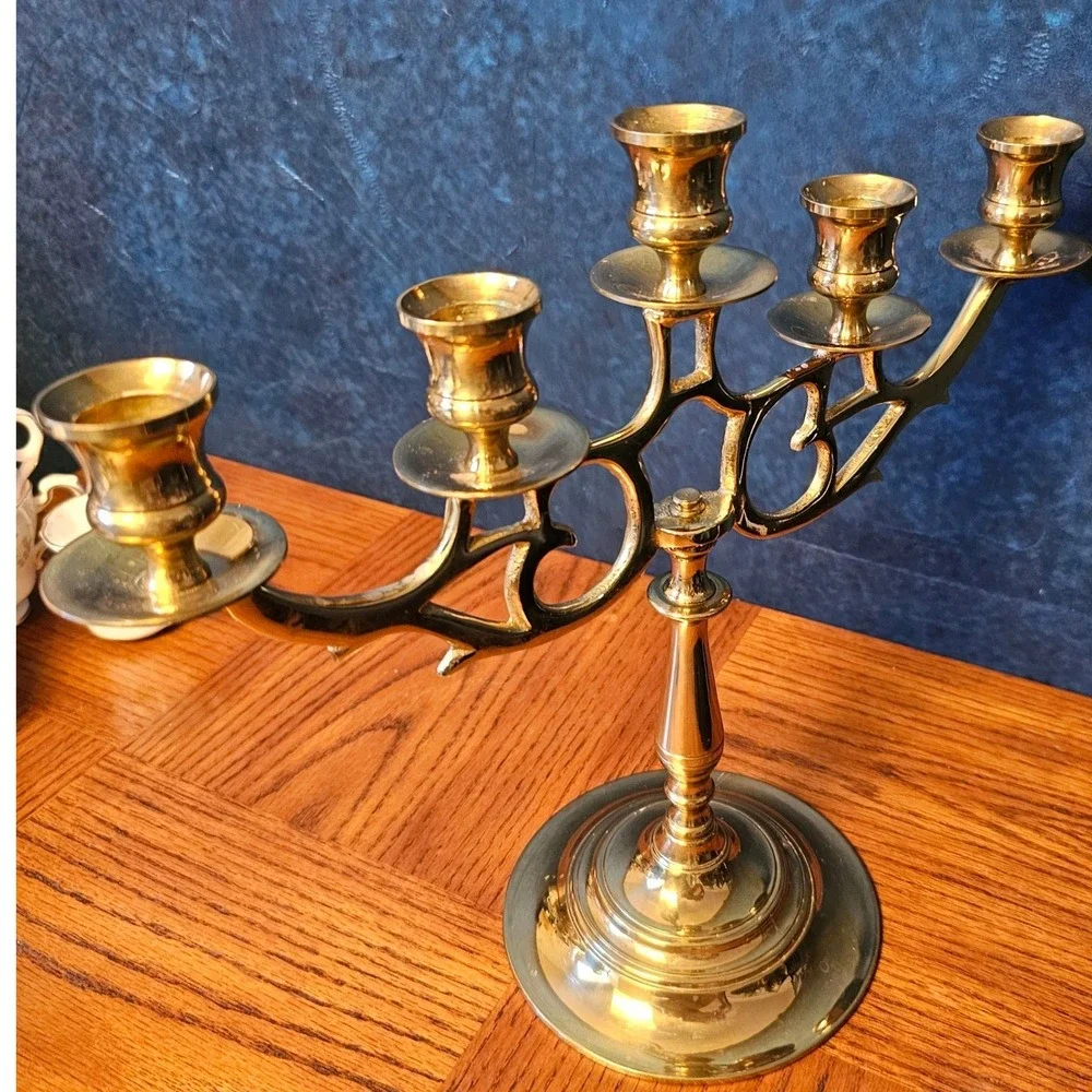Vintage Brass 5 Arm Candelabra Art Nouveau Scrollwork Candlestick W Mark